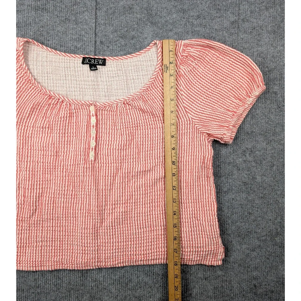 J Crew Puff Sleeve Henley Womens Small Striped Gauze Cottage Coastal Red Cotton